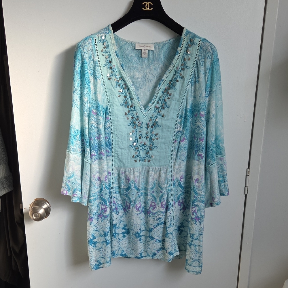 Vintage America Embellished Blue Cotton Blend Tunic Top Size 2X - Picture 7 of 12
